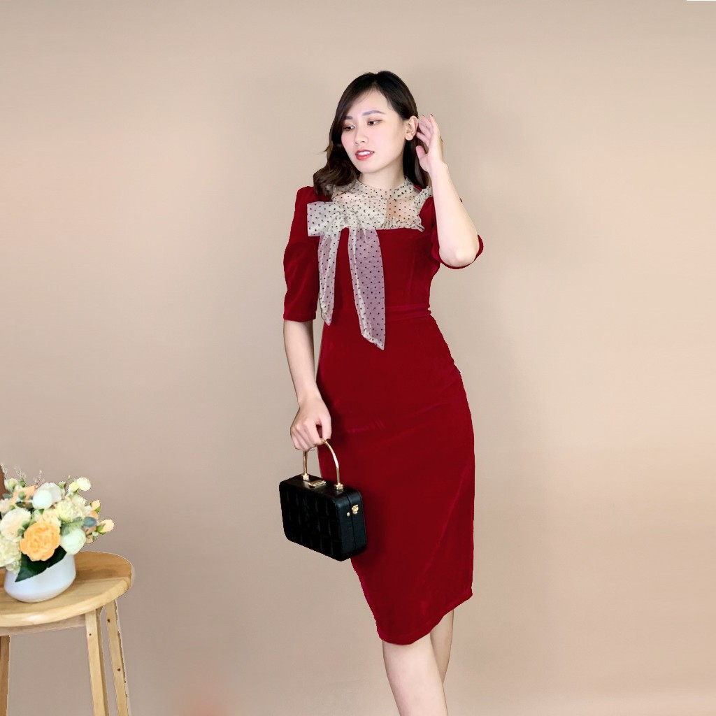 Váy nhung body cổ phối ren chấm bi Emvy - K4