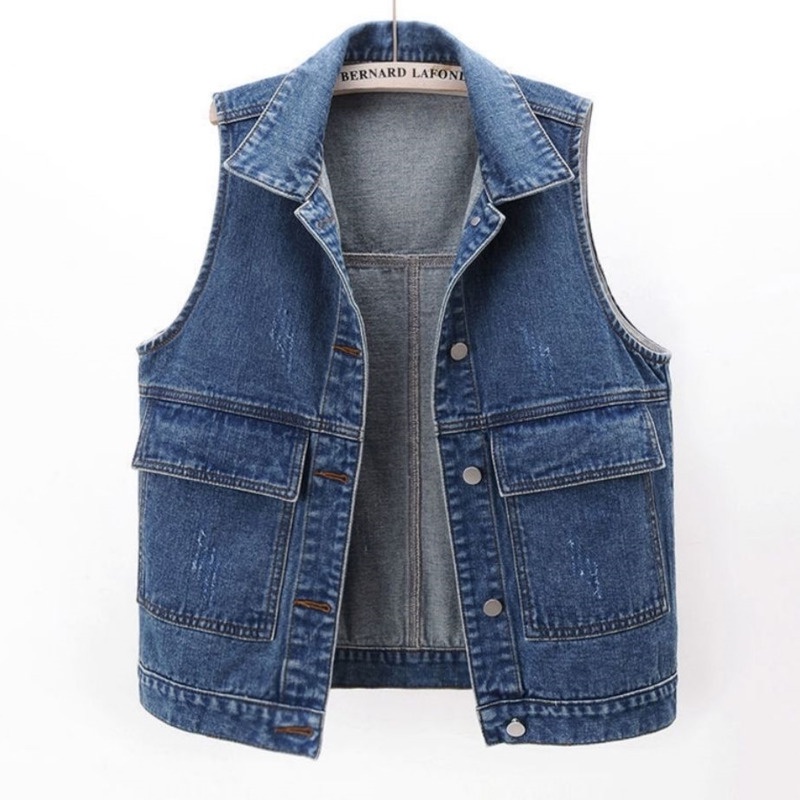 Áo khoác denim RENJIANVSHENG 16584 sát nách phong cách Hàn Quốc retro thời trang