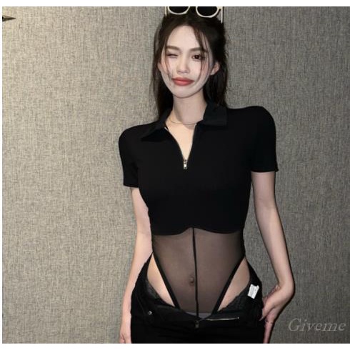 Bộ Áo Liền Quần Cổ Bẻ Màu Đen Trơn Có Khóa Kéo Quyến Rũ Cho Nữ