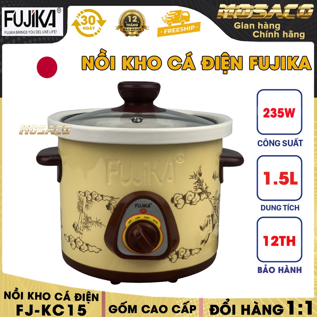 Nồi kho cá FUJIKA FJ-KC15 1,5L. Nồi kho cá điện Fujika với 235W chất liệu thân gốm cao cấp Nắp thuỷ tinh tiện lợi-MOSACO