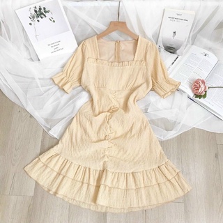 Đầm Xốp Nhún Bèo Đuôi Cá 🦋FREESHIP🦋Váy Đuôi Cá Cổ Vuông Vàng Nhạt Siêu Xinhh