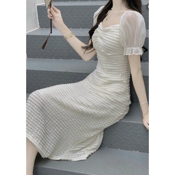 Váy midi voan nhún phối tay voan