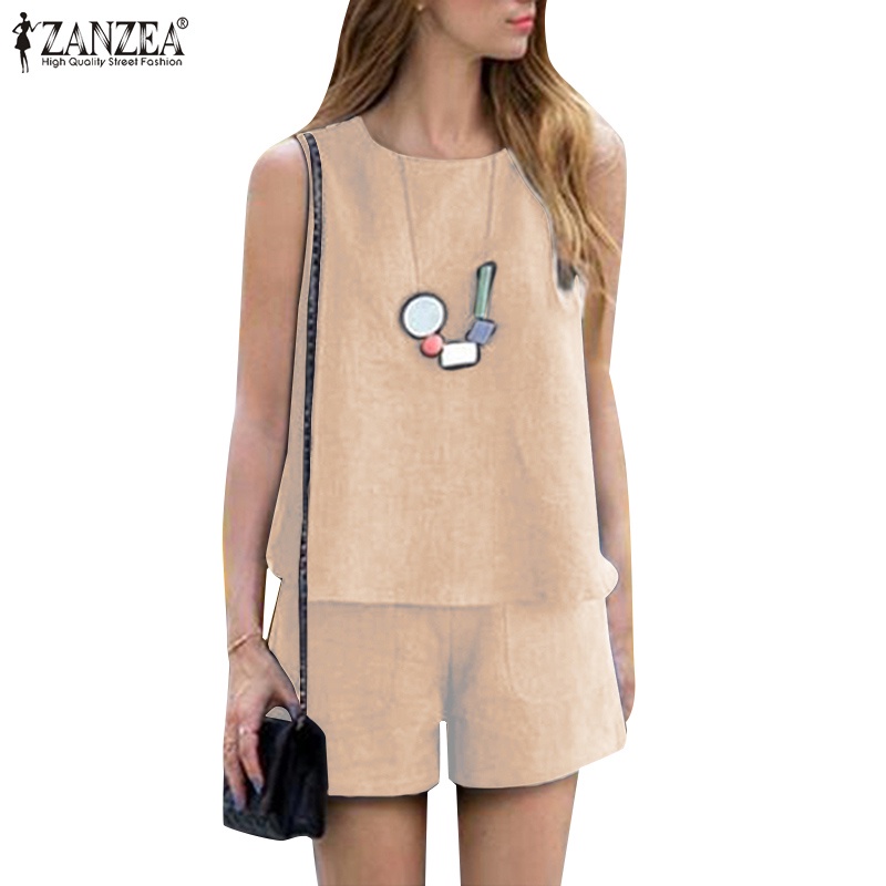Zanzea Set Áo 2 Dây + Quần Short Trơn Màu Thời Trang Dành Cho Nữ