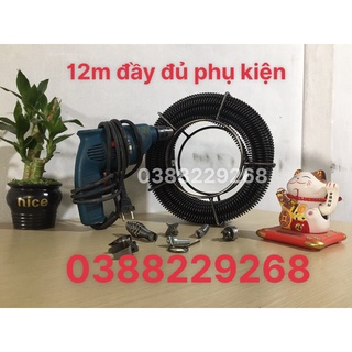 Dây thông cống 12m dây lò + 6 đầu thông + 1 đầu kết nối máy khoan dây thông cống, dây thông tắc vệ sinh,thông bồn cầu
