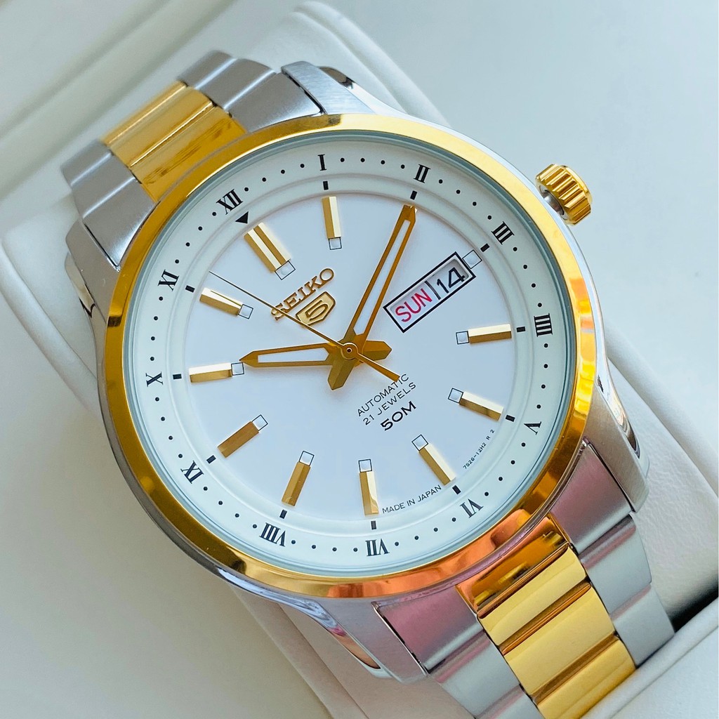 Đồng hồ Nam chính hãng Seiko 5 Automatic SNKP14J1 Size 42,Demi vàng,Mặt trắng,Lịch-Máy cơ tự động-Dây kim loại cao cấp