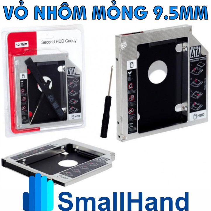 Caddy Bay nhôm 9.5mm - Sata3 cho SSD và HDD 2,5” – Khay ổ cứng thay thế ổ DVD