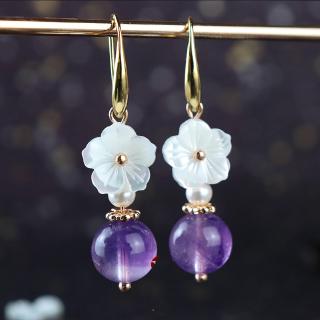 Bông Tai Mạ Bạc 925 Hình Hoa Vỏ Sò Đính Đá Thạch Anh Tím Tự Nhiên