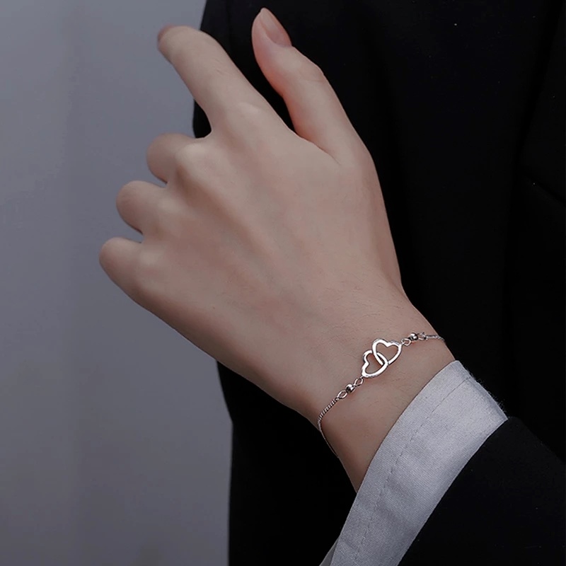 Vòng Tay Mạ Bạc Hình Trái Tim Đôi Có Thể Điều Chỉnh Kích Thước Thời Trang Cho Nữ
