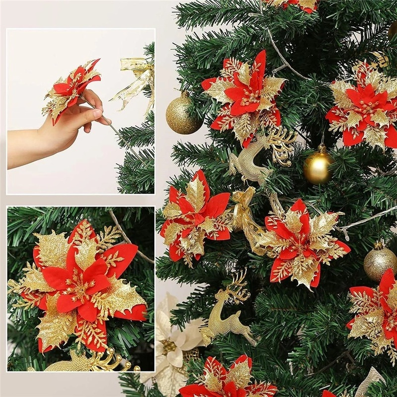 Bộ 5 Bông Hoa Đầu To 14cm Lấp Lánh Trang Trí Cây Thông Giáng Sinh / Năm Mới DIY