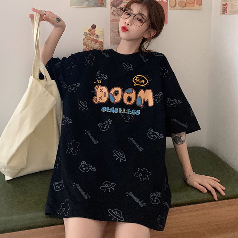 Áo Thun Ngắn Tay Dáng Rộng In Hình Gấu Kiểu Hàn Quốc Thời Trang Mùa Hè Cho Nữ
