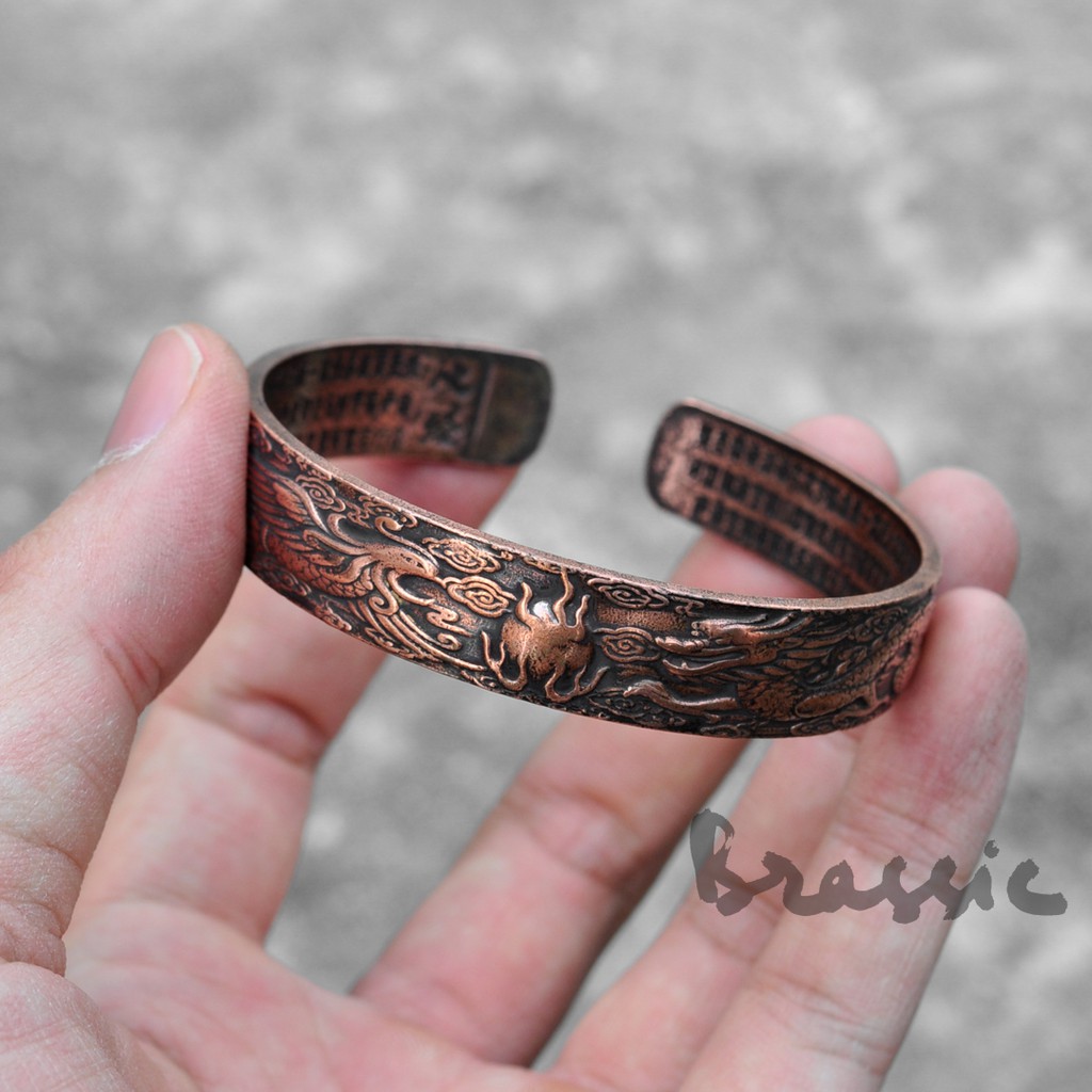 Vòng tay đồng đỏ, Kiềng tay đồng đỏ đúc đặc antique copper cuff  VT21 khắc long phụng chầu nguyệt