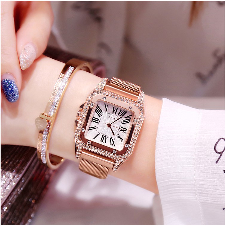 Đồng hồ nữ thời trang DH04 mặt vuông, đính đá viền xung quanh, dẫn đầu xu hướng thời trang kim cương 2020