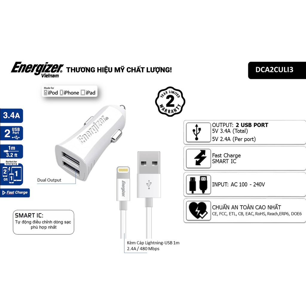 Combo sạc dự phòng 10,000mAh UE10053 + Sạc Ô tô Energizer UL 3.4A 2 USB kèm 1 Cáp Lightning DCA2CULI3