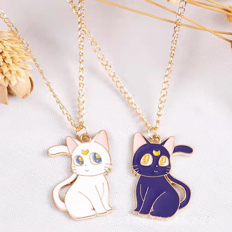 Bộ 2 Vòng cổ Đôi Hình Mèo Hoạt Hình Màu Xanh Dương/ Trắng Dành Cho Cặp Đôi