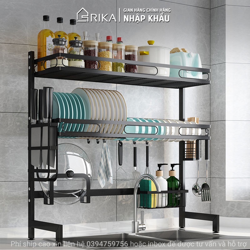 Kệ để chén bát đĩa thông minh đa năng trên bồn rửa bát RIKA KGB thép carbon không rỉ, kệ 1 2 tầng