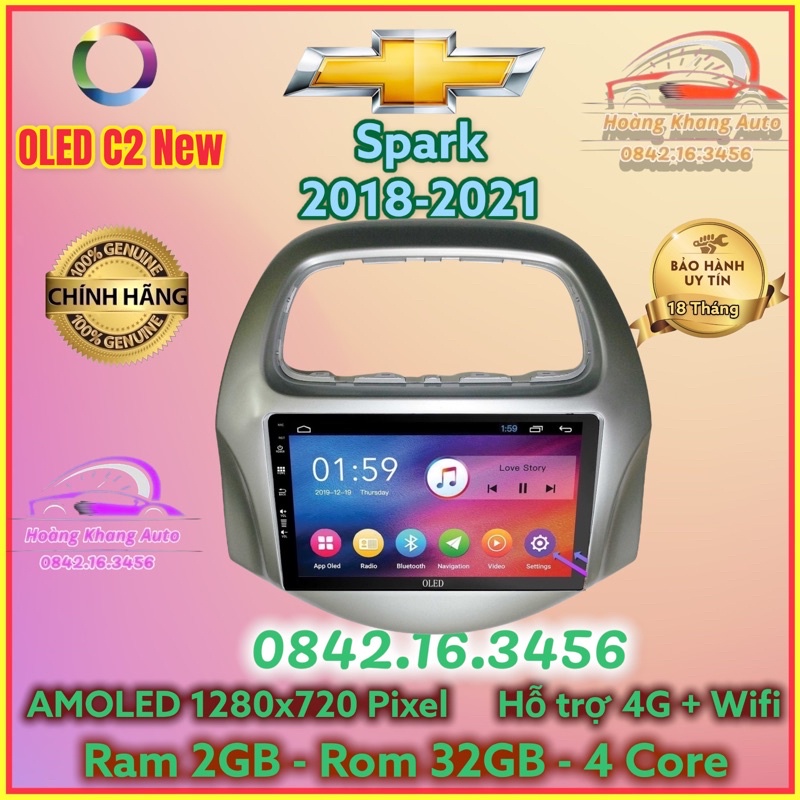 Màn hình Android OLED C2 New Theo Xe SPARK 2018 - 2021, 9 inch kèm dưỡng và jack nguồn