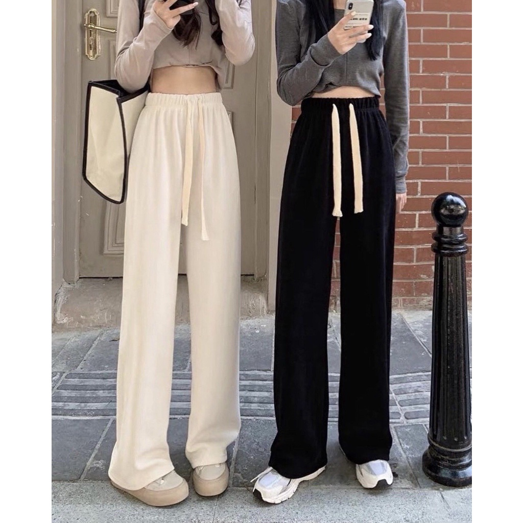 Quần Ống Rộng Nhung Gân Ulzzang, lưng cao nhung gân dáng dài ống suông