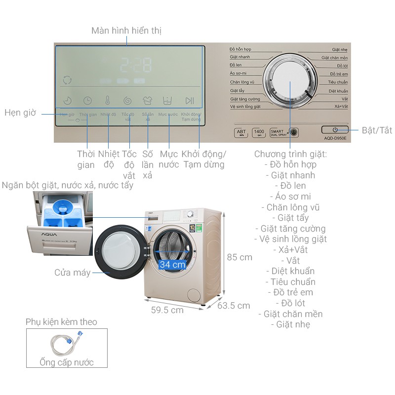 Máy giặt lồng ngang Aqua Inverter 9.5 kg AQD-D950E N