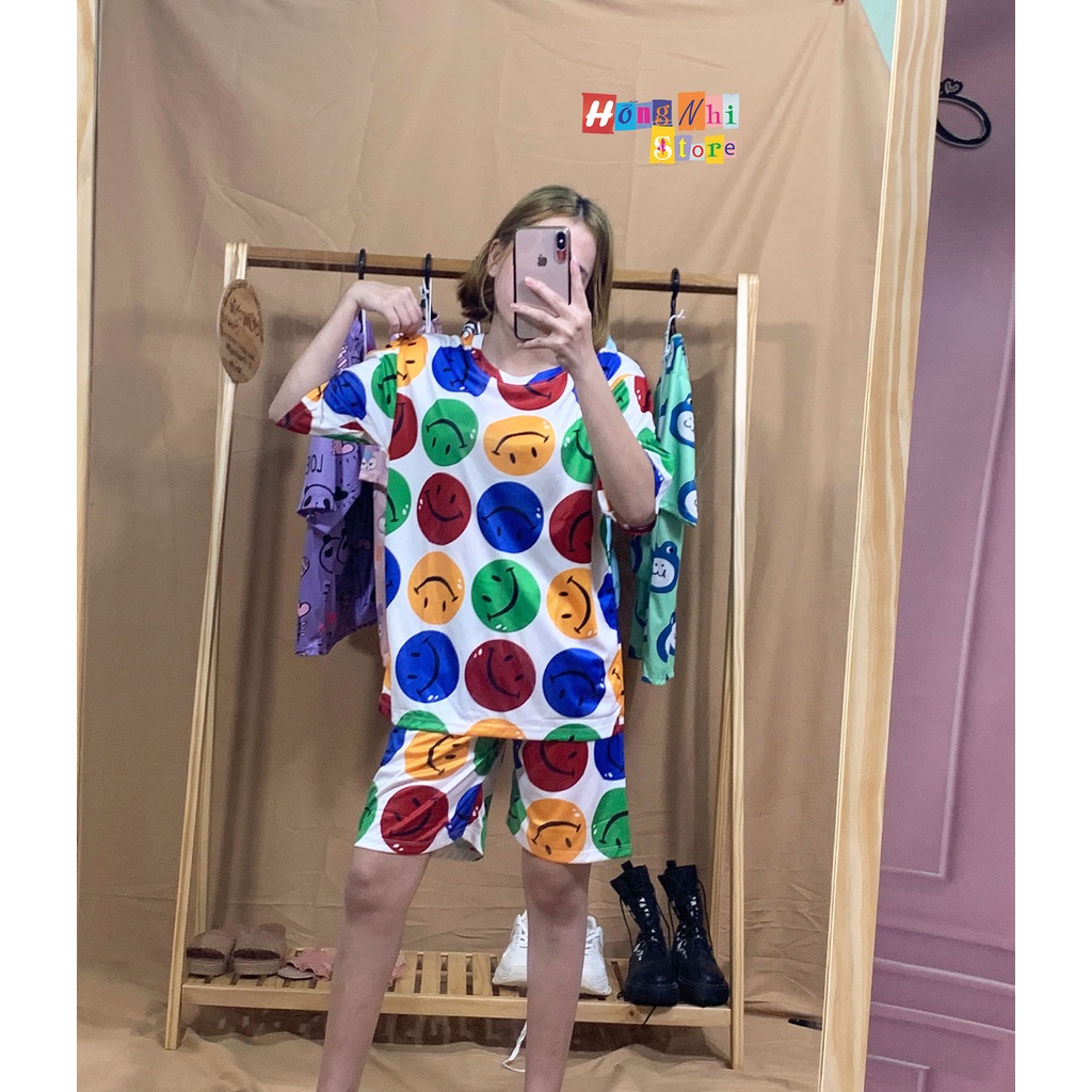 Bộ Thun Ngủ Hoạt Hình Tay Lỡ Kèm Túi Vải Phối Quần Short Oversize Ulzzang Dáng Rộng - MM