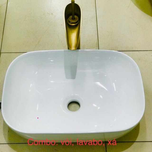 Combo lavabo sứ+ vòi nóng lạnh giả cổ +xả lavabo đồng giả cổ