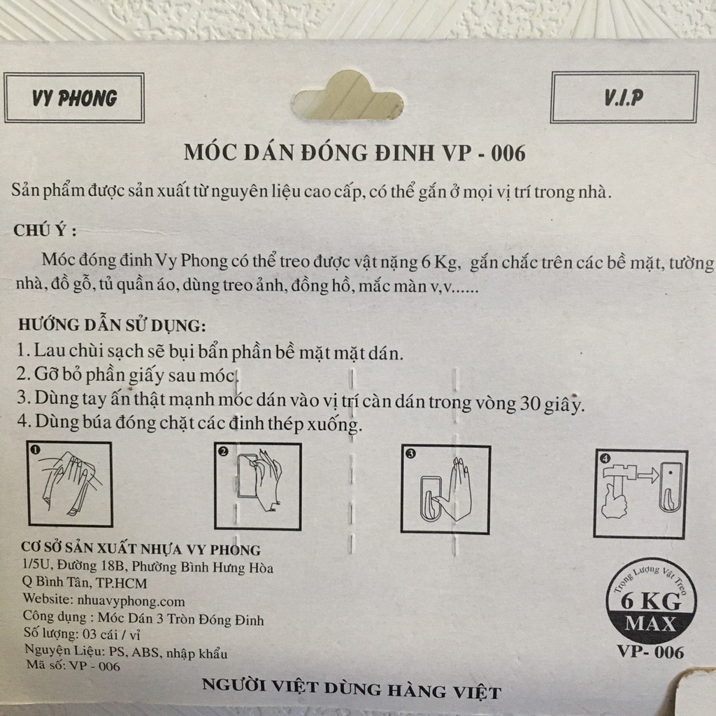 MÓC DÁN TƯỜNG ĐÓNG ĐINH 01 VỈ 3 CÁI - 000242