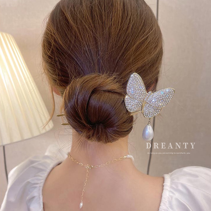 Trâm Cài Tóc Hình Bướm Đính Đá Ngọc Trai Phong Cách Trung Hoa Đơn Giản Thời Trang Mới