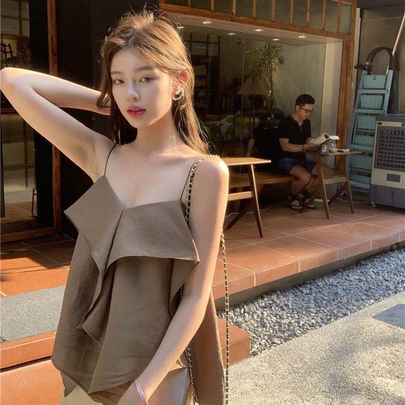 Set Áo Hai Dây Phối Bèo Nhún Và Chân Váy Xẻ Tà Thời Trang Mùa Hè Mới Cho Nữ