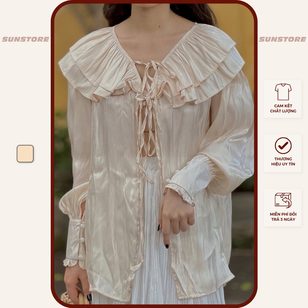 Áo sơ mi kiểu nữ tay dài chất liệu organza 2 màu nude và trắng