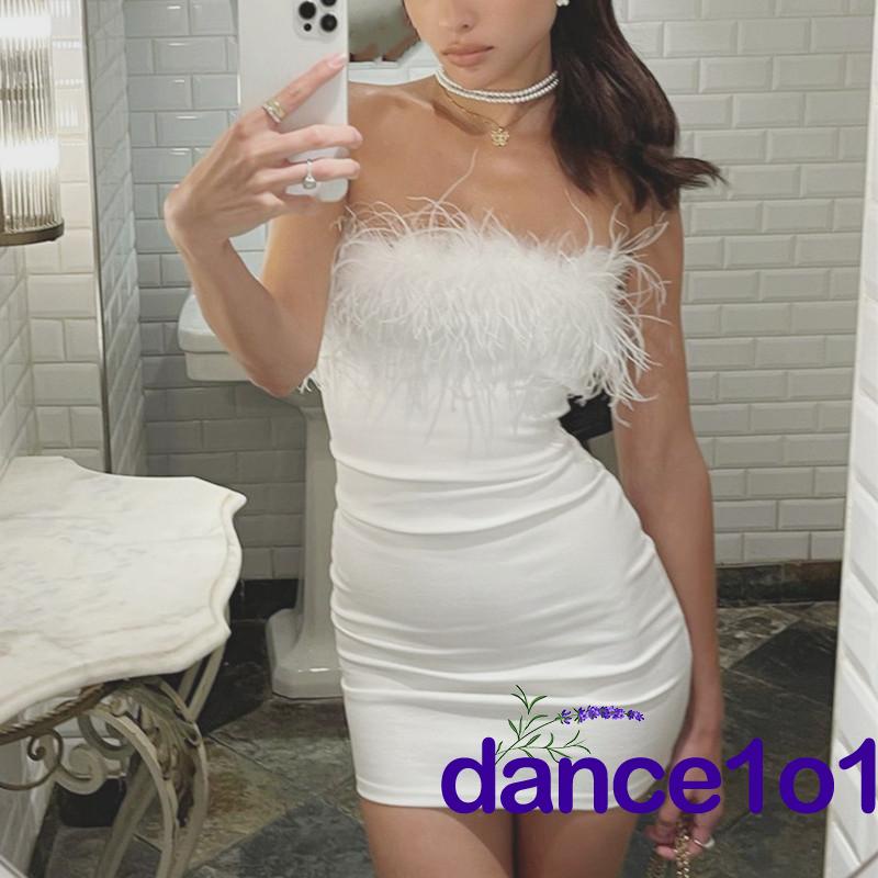 TM Đầm ôm dáng màu trơn trang trí lông nhung trang trí mùa hè cho nữ