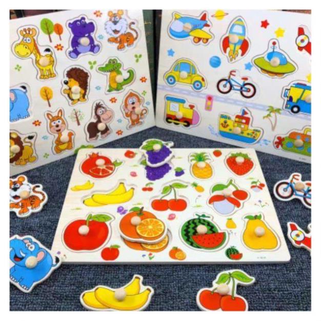 Đồ chơi bảng ghép hình núm gỗ, Bảng gỗ có núm cho bé loại 1 to đẹp chắc chắn nhiều chủ đề KT: 22×30cm