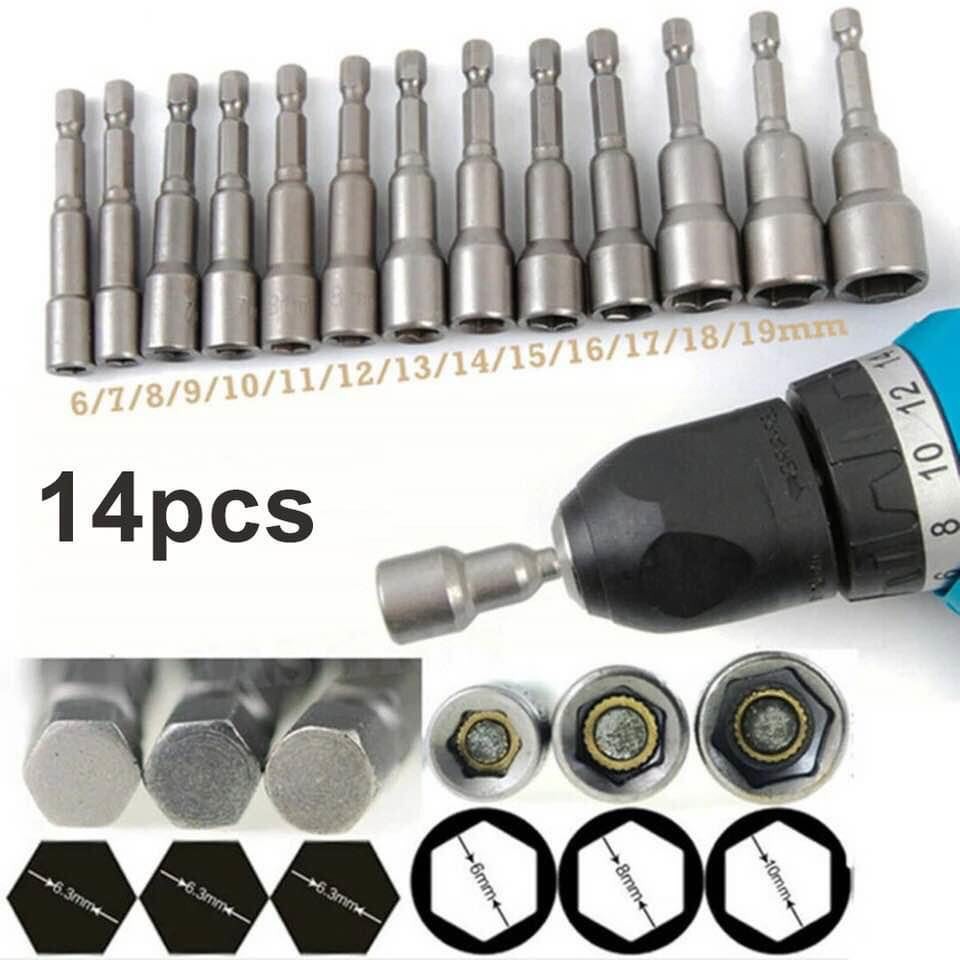 Bộ 14 đầu chụp bulong - Đầu bắn tôn vặn ốc bulong lục giác 6-19mm + 1 chân cài chuyển đổi để dùng cho khoan bê tông