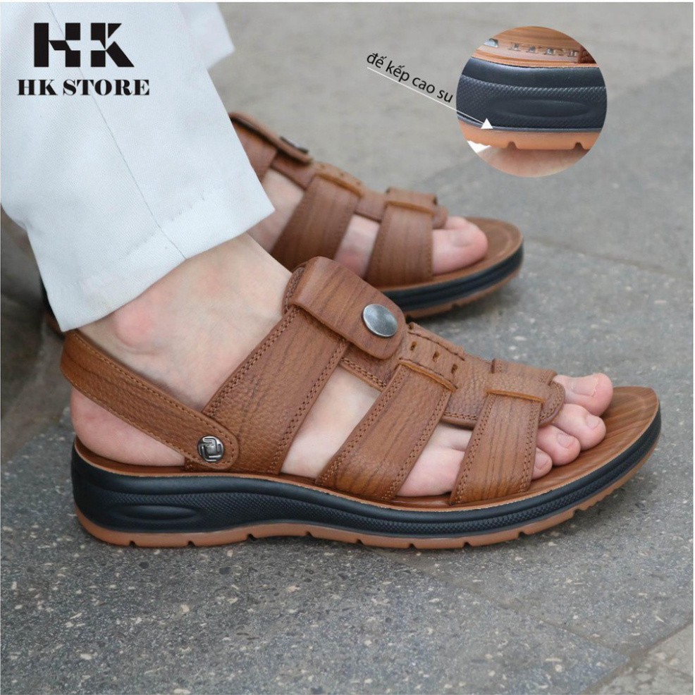 Dép sandal nam trung niên 💝 HK.STORE 💝 da bò xịn kết hợp đế kếp cao 3,5cm cực đẹp khâu may chân quai công nghệ 2021.