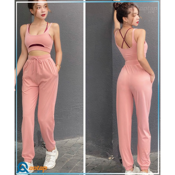 Set áo bra 2 lớp phối quần Jogger 2 túi hông tập gym, thể thao siêu xinh
