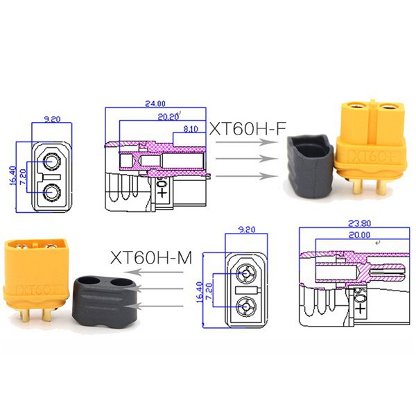 XT60H XT60 Giắc cắm pin Amass Jack nối nguồn điện, pin lipo RC đồng nguyên chất cao cấp mạ vàng cặp đực cái, đầu dây pin