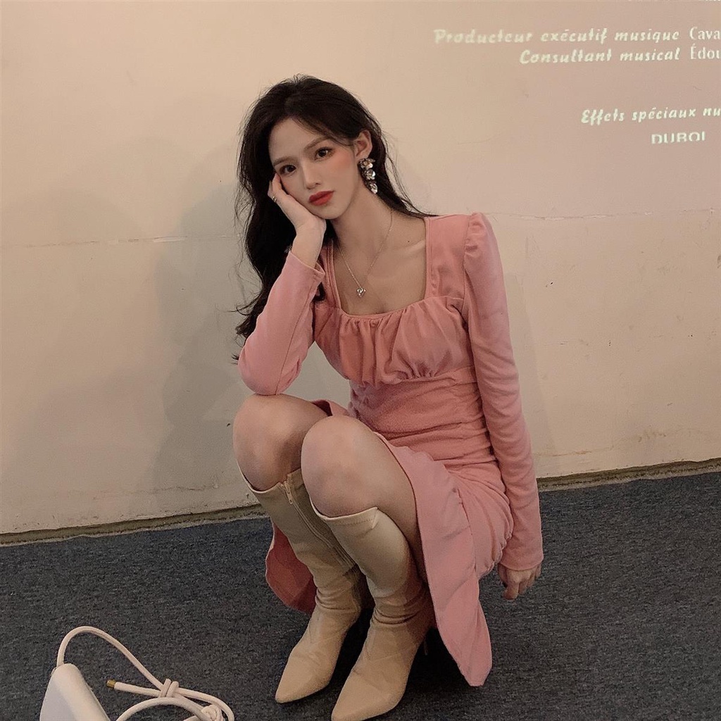 COZOK Đầm tay dài cổ vuông phong cách vintage thời trang