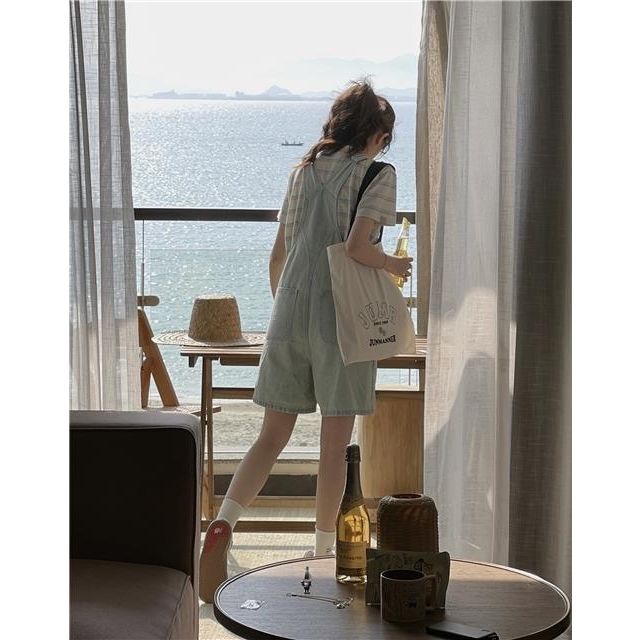 Quần Yếm Ngắn Ống Rộng Lưng Cao Màu Sáng Phong Cách Nhật Bản Thời Trang Mùa Hè Mới Cho Nữ