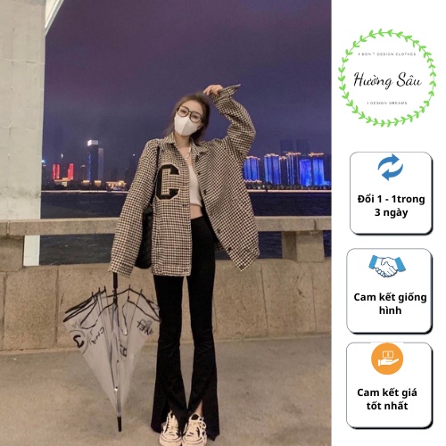 Áo khoác dạ tweed nữ thêu chữ C, áo khoác kẻ caro dáng unisex phong cách hàn quốc