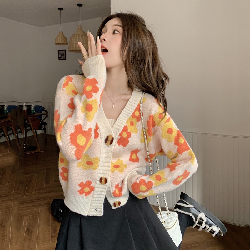 Áo Cardigan Dệt Kim Tay Dài In Hoa Mùa Thu Cho Nữ (Bán Riêng Biệt)