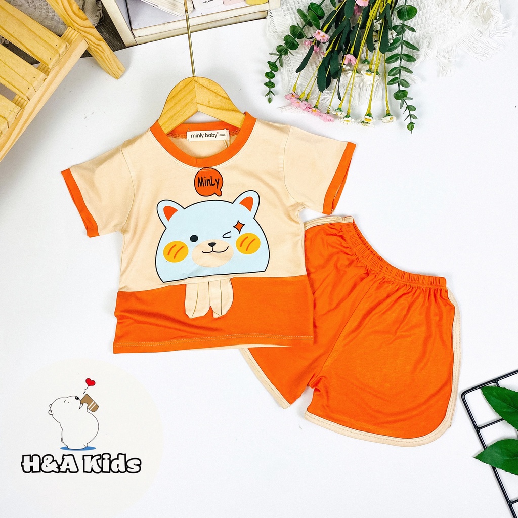 [Bé 20-33kg] Bộ ngắn tay thun lạnh in hình phối taI thỏ thật cho bé trai bé gái từ 20-33kg