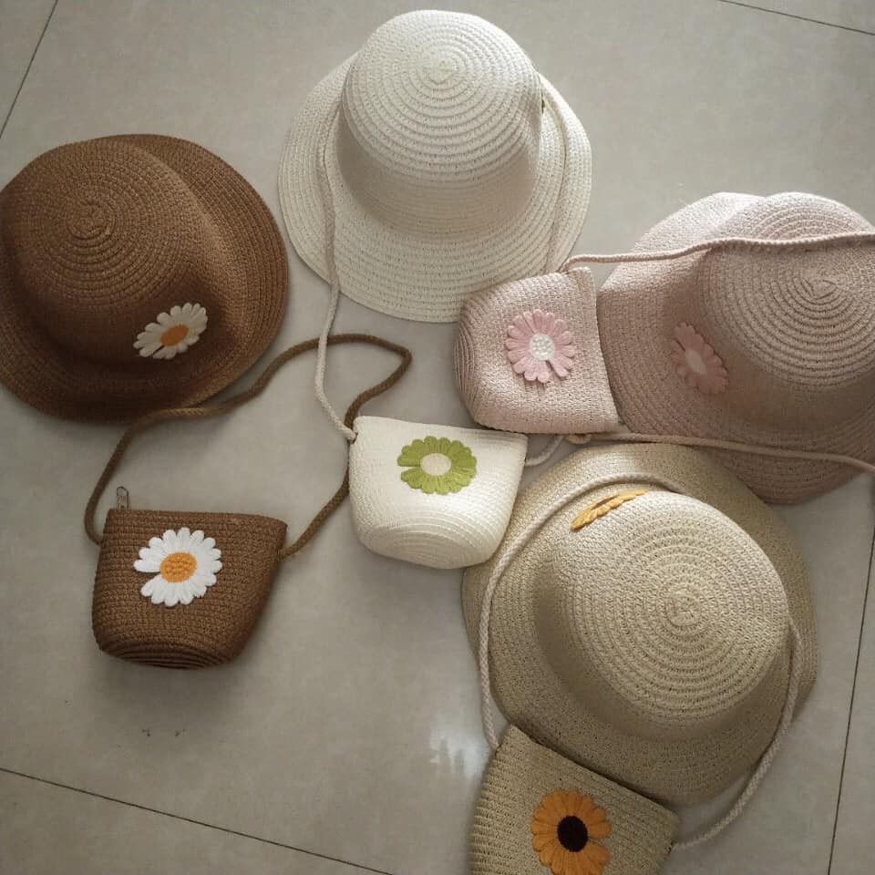 Set mũ cói kèm túi hoa đi biển cho bé HQC