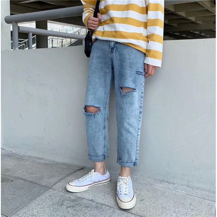 Quần baggy jean nam rách gối phong cách ulzzang siêu hot