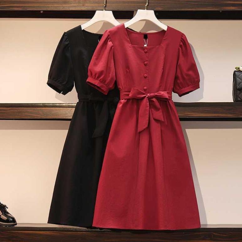 Váy bầu dáng babydoll cổ vuông tay chun xinh xắn kèm dây đai