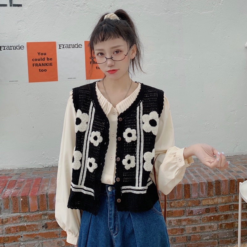 Áo Gile Len Đan Lưới Hoạ Tiết Hoa Mẫu Đơn Phong Cách Retro Elegance