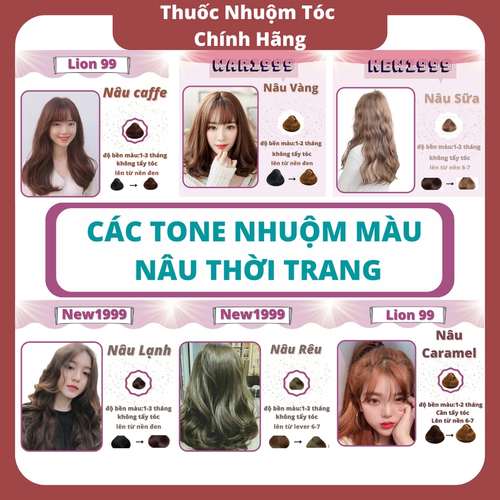 Thuốc nhuộm tóc nữ NÂU HỒNG TRÀ SỮA các màu tone nâu kèm oxy găng tay