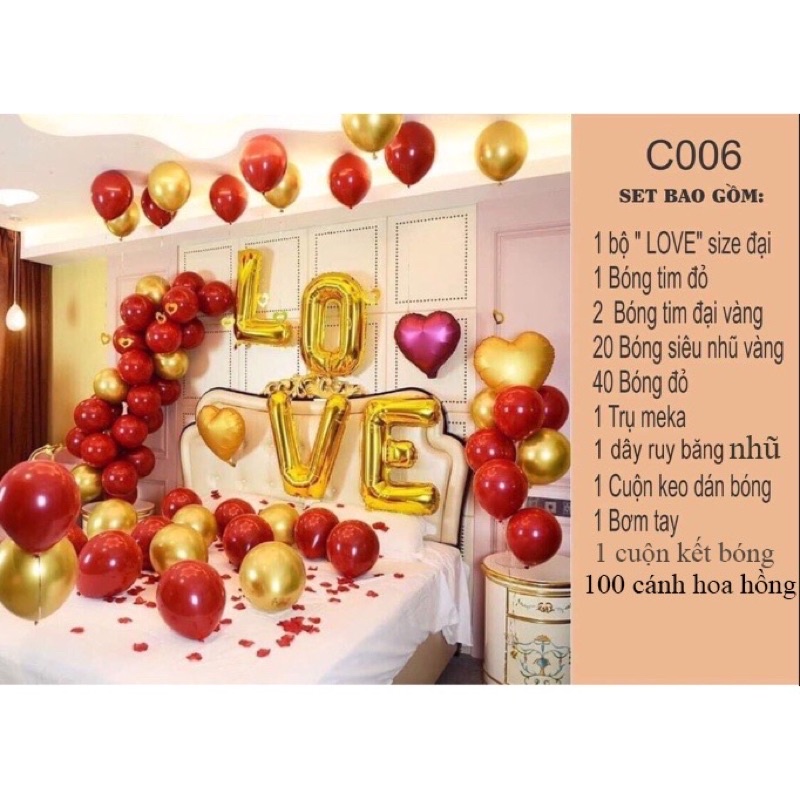 Sét Bóng Trang Trí Phòng Cưới, Tân Hôn Tặng Cánh Hoa Hồng + Bơm Keo