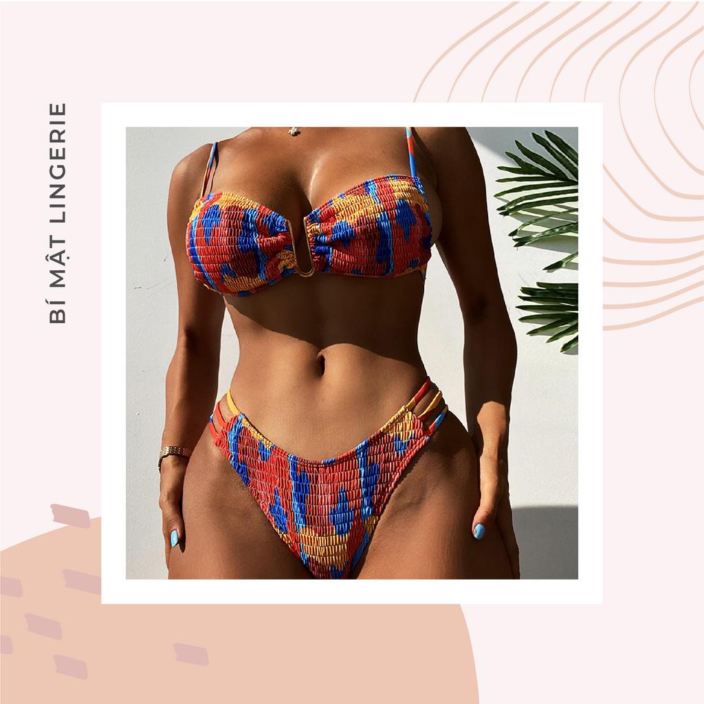 Bikini đồ bơi 2 mảnh cạp cao che bung kín đáo dây rút lưng trần cam đất cao cấp tôn da