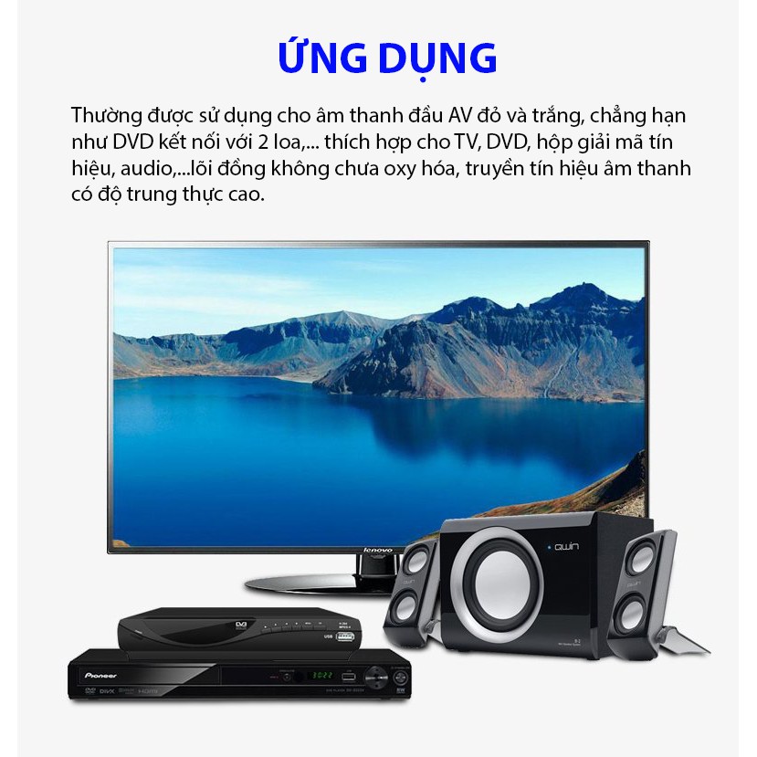 Dây tín hiệu 1 đầu bông sen (AV/RCA) đực ra 2 đầu bông sen (AV/RCA) cái JSJ 325 dài 1.8m cho ra âm thanh tự nhiên nhất