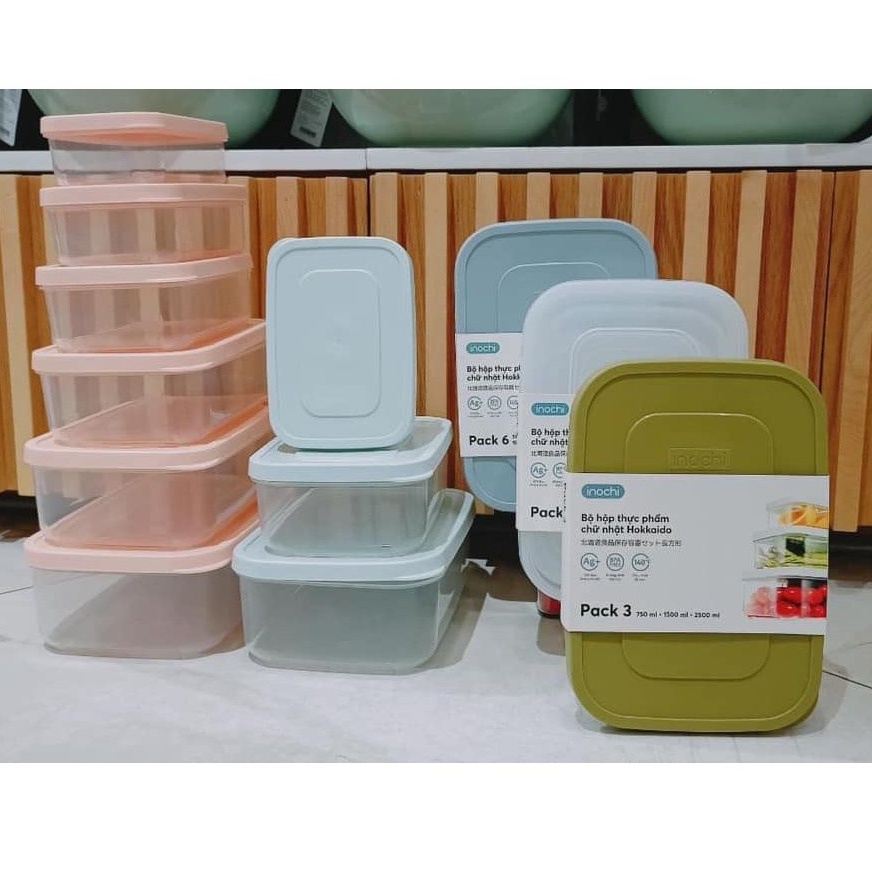 Bộ 6 Hộp Đựng Thực Phẩm Tủ Lạnh Chữ Nhật Inochi Cao Cấp, Hộp Bảo Quản Thức Ăn Rau Củ Quả Tủ Lạnh An Toàn Tiêu Chuẩn Nhật