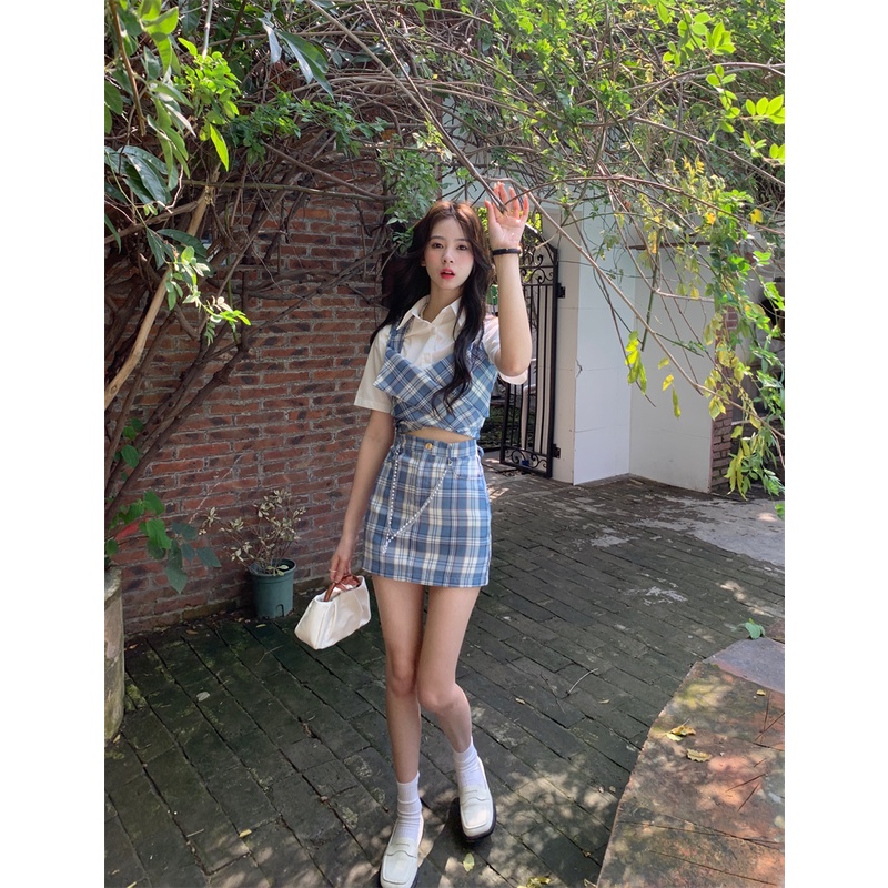 Set Áo váy Vest Croptop Hàn Quốc Kẻ caro Xanh dương Hiện đại Năng động