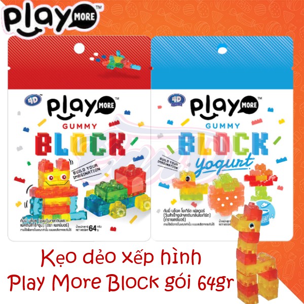 (2 vị) Kẹo dẻo xếp hình Play More Block gói 64gr